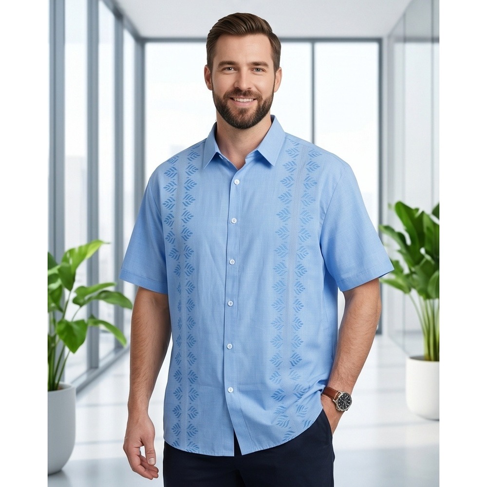 Hardaddy Mens 3XL Guayabera Aloha Shirt Blue Leaf Panel Short Sleeve NWT